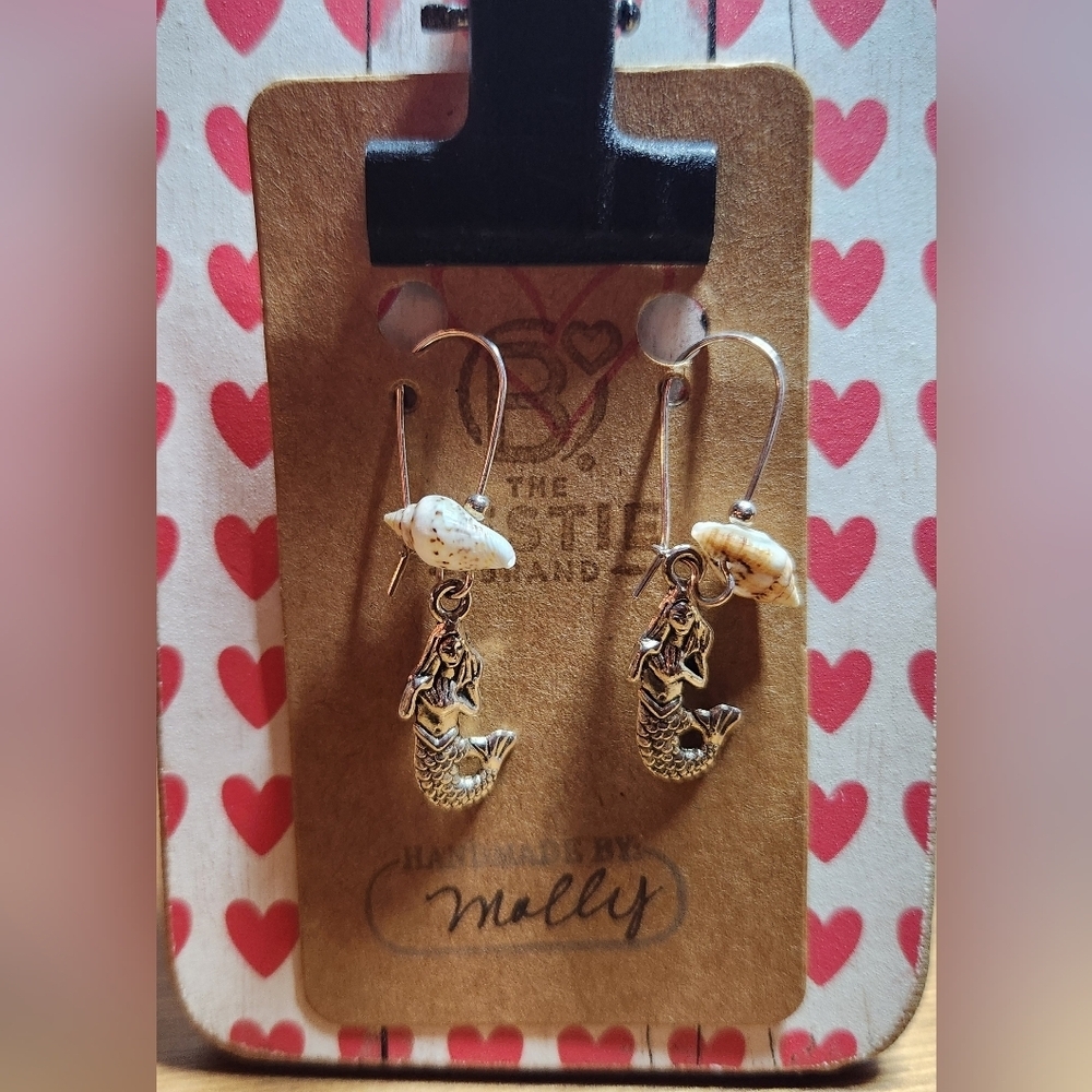 Silver in Color Mermaid Charm Seashell Earrings Handmade Real Shell Beads